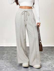 SHEIN PETITE Quần nỉ ống rộng cạp chun màu trơn, thích hợp cho lễ tốt nghiệp, trang phục tựu trường, lễ tốt nghiệp, trang phục giáo viên dành cho nữ, tựu trường. - trắng - Xem 6