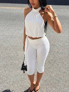 Slaydiva New Early Spring, Spring And Summer Music Festival, Valentine's Day, Easter Casual, Simple And Basic Style, Y2K Street Sweet, Best-Selling, Daily Date, Hot Girl Style, Sexy, Sporty And Stylish Style, Halter, Backless, Flower Bud Top, Sleeveless Vest + Tie, Bow, Waist, Seven-Inch Pants, Slimming Pants, White Set, Women's Two Pieces Set -A - White - View 1