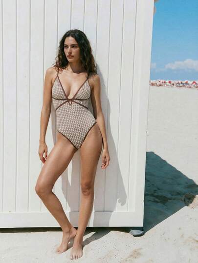 Maija Women's Houndstooth Print V-Neck Criss-Cross Stylish One-Piece Swimsuit