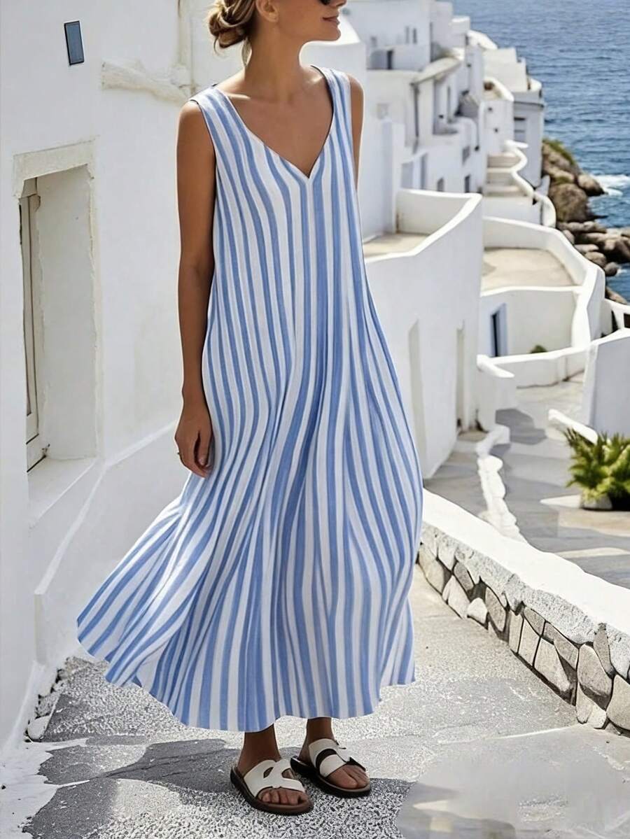 SHEIN Holidaya 女士新款V领无袖宽松摆裙，适合度假、旅行和休闲穿着 - 藍白色 - 查看 1
