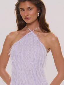 MUSERA 高领羽毛修身迷你连衣裙，春夏优雅婚礼宾客度假假日场合蜜月咖啡馆 - 淺灰紫 - 查看 2