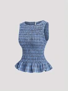 Sweetra Women's New Year, Summer , Halloween Costume, Christmas, Thanksgiving, New Arrivals, Spring/Summer/Autumn/Winter, Suitable For Party, Commute, Daily, Travel, Vacation, Summer Top, Elegant Party Blouse, Women Beach, Plaid Top, Cute Sweet Vacation, Waist Ruched Fitted Sleeveless Round Neck Ruffle Hem Top - Blue - View 3