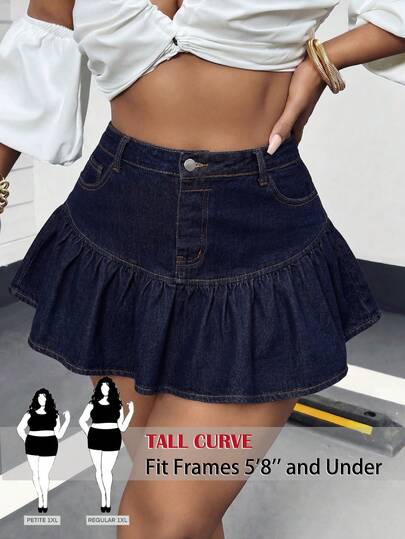 SHEIN PETITE CURVE Plus Size Women High Waist Ruffled Hem Denim Mini Skirt