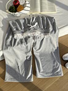 Comfortcana 大码女式抽绳腰带荷叶边装饰二合一褶皱休闲百搭阔腿裤 - 淺灰色 - 查看 6