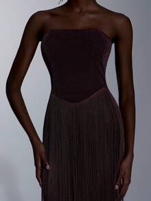 Elitara Đầm dạ hội dáng đuôi cá thanh lịch, lãng mạn, không dây vai, đính sequin và tua rua, thích hợp cho các lễ hội, đám cưới, dạ tiệc, hòa nhạc, sự kiện kinh doanh, và các dịp dành cho người nổi tiếng trên mạng xã hội. - Màu Đỏ Sâu - Xem 7