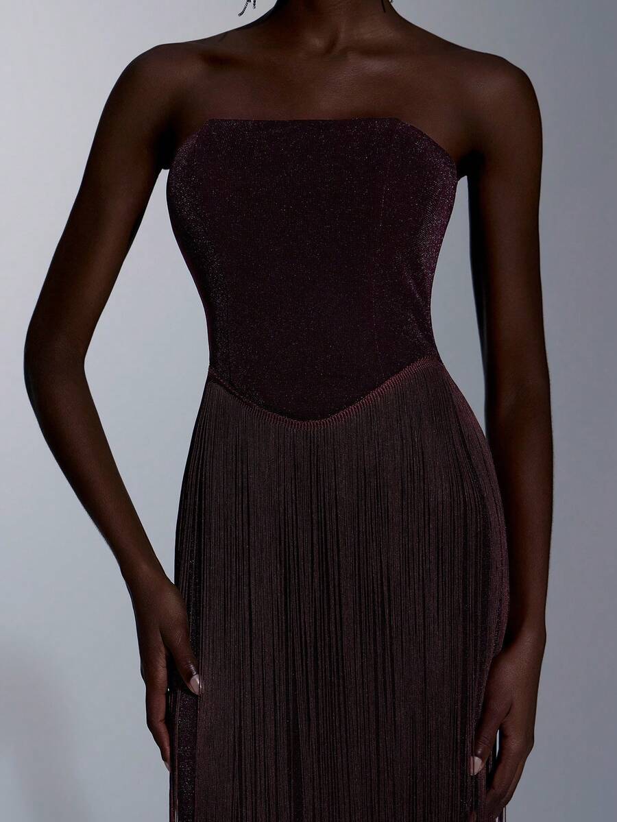 Elitara 优雅浪漫露肩无肩带亮片针织美人鱼流苏裙摆连衣裙，适合节日、婚礼、晚宴、音乐会、商务活动、社交媒体达人场合。 - 酒紅色 - 查看 1