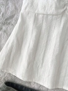 SHEIN Tween Girl Spring/Summer Casual Minimalist Versatile Jacquard Striped Collared Backless White Blouse - White - View 8