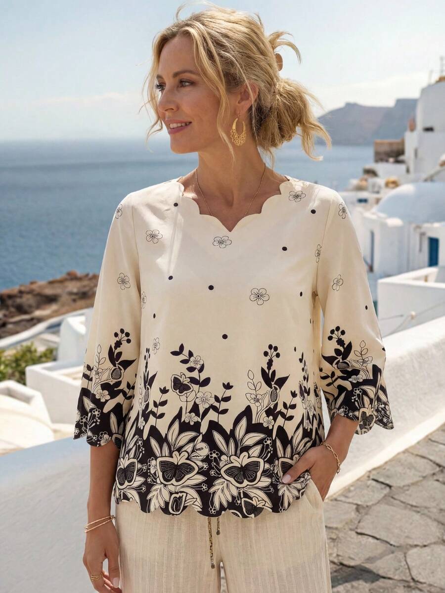 Faunlyn 女士宽松花卉印花喇叭袖衬衫、办公室衬衫、七分袖上衣 - 杏色 - 查看 1