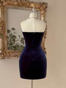 Lovelzi Elegant Luxurious Velvet Black Strapless High Waist Slim-Fit Bodycon Mini Dress With Rhinestone Embellishments,Suitable For Parties,Weddings&Formal - Navy Blue - View 2
