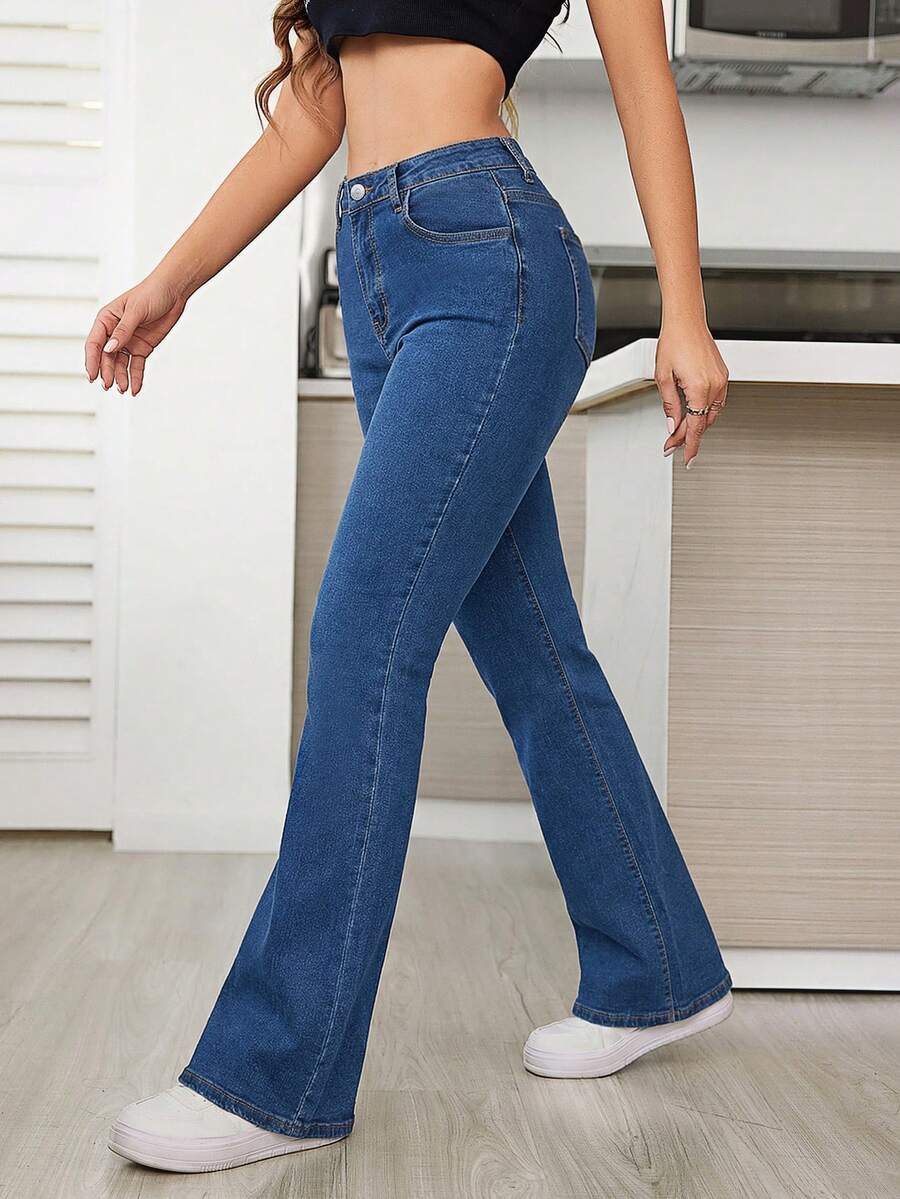 SHEIN Tall Quần jeans ống loe dáng ôm, cạp trung, có túi, dành cho nữ. - Rửa trung bình - Xem 1