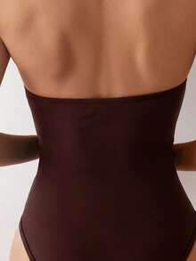 SHEIN Swim Maillot de bain une pièce pour femmes de couleur unie avec décolleté croisé et effet ajouré - Acajou - Voir 5