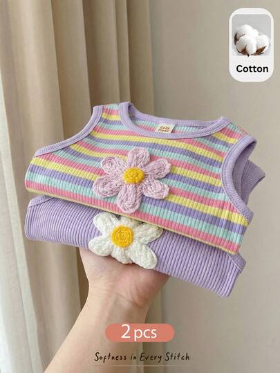 Cozy Pixies 2 piezas Conjunto de niña bebé con top sin mangas de punto de unicolor y pantalones a rayas