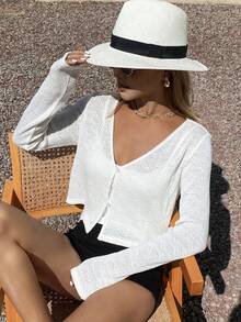 DAZY Women's Solid V-Neck Casual Versatile Lightweight Long Sleeve Cardigan - White - View 6