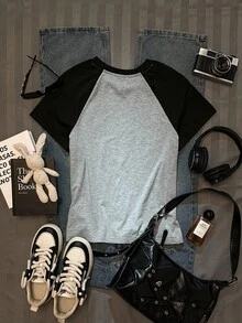 Attitoon Camiseta ajustada de mujer de manga corta con cuello redondo y manga raglán de color contrastante en estilo retro casual, adecuada para el verano - Gris Claro - Ver 2