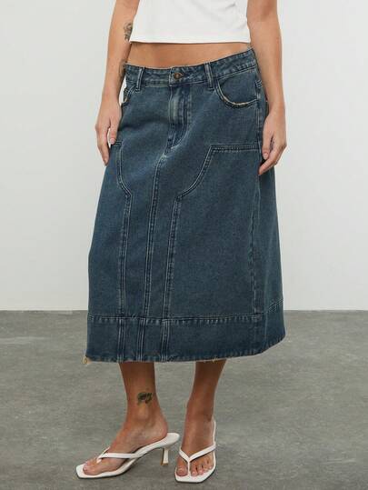 COUREZ Low Rise Carpenter Midi Denim Skirt In Dark Blue Wash /Y2K Spring Clothes For Women Blue Denim Skirts Long Skirts Spring Break Outfits Festival Outfits Summer Outfits Going Out Outfits