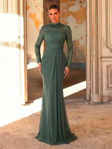 Aureia Elegant Luxurious Diamond Design Sheer Long Sleeve Ruched Mermaid Dress,Suitable For Weddings,Parties,Bridal,Mother Of The Bride,Evening Gowns - Green - View 10