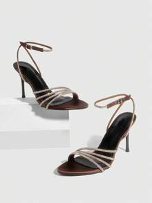 CUCCOO SZL Sandal Hak Tinggi Wanita Ujung Lancip dengan Desain Gesper Berlian Imitasi, Modis dan Elegan, Sepatu Musim Semi - Coffee Brown - View 2