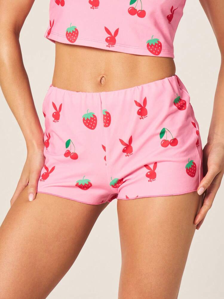 Missguided x Playboy Cute Pink Short Sleeve Crop Top And Shorts Pajama Set With Bunny Strawberry Cherry Print For Summer Sleepwear Lounge