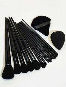 13Pcs Makeup Brush Set With 1 Puff & 1 Sponge - Foundation Eyeshadow Concealer Blush Powder Brushes, Full Beauty Tool Kit For Women - Black - View 1