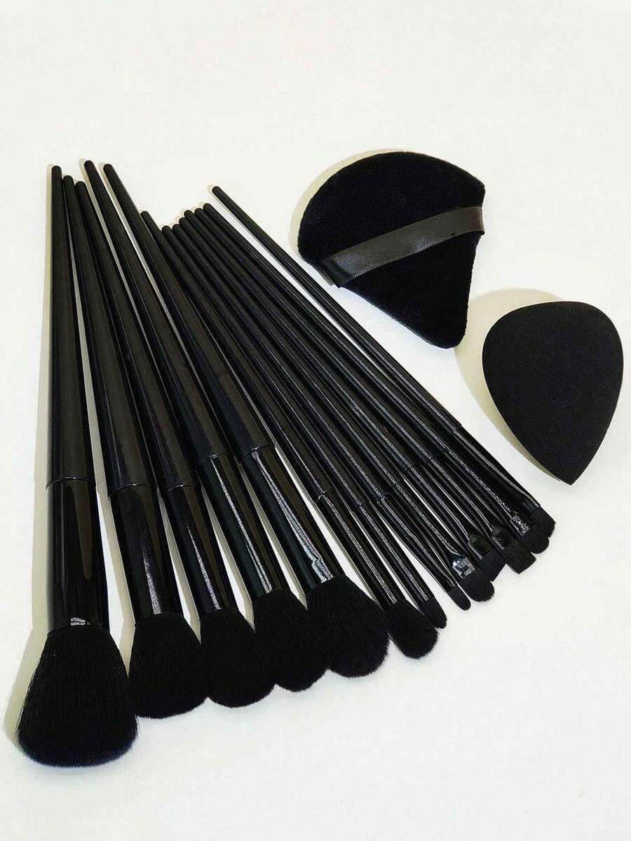 13Pcs Makeup Brush Set With 1 Puff & 1 Sponge - Foundation Eyeshadow Concealer Blush Powder Brushes, Full Beauty Tool Kit For Women - Black - View 1