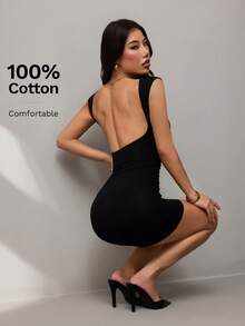 SHEIN PETITE 女士露背迷你连衣裙，100%纯棉针织面料，舒适休闲百搭，适合度假、约会和日常穿着。 - 黑色 - 查看 6