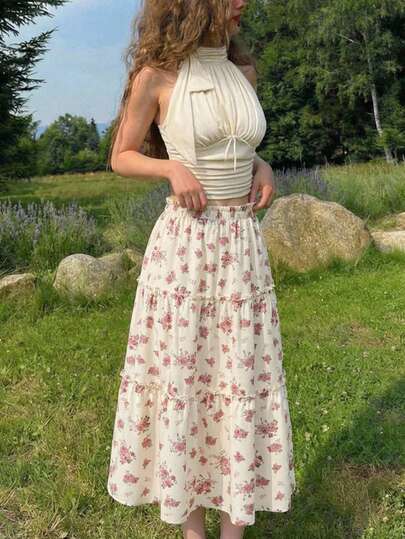 SHEIN MOD Women's Casual Ditsy Floral A-Line Skirt, Summer,Vacation Outfits, Retro, Vintage,Country Outfits,  Going Out,Teacher Outfits For Women,Date, Picnic, Party, Prom, Festival,Birthday Wear, Cottagecore,Tea Party,French Style,Spring Break Outfits,