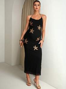MaterniChic 孕妇性感海星亮片装饰露背吊带连衣裙，夏季 - 黑色 - 查看 1