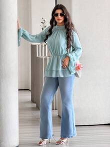 Solavon Women's Elegant Commuter Solid Color Ruffle Flare Sleeve Blouse - Teal Blue - View 3