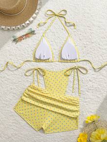 Bonvoyette Bộ đồ bơi 3 mảnh dành cho nữ, họa tiết chấm bi, kiểu dáng tam giác nhỏ, buộc dây bên hông, xếp ly, thích hợp cho tiệc trà chiều mùa hè trên bãi biển. - Nhiều màu - Xem 4