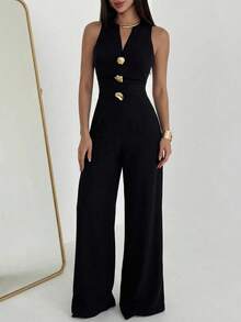 Aloruh Black Backless Spaghetti Strap Jumpsuit, Slim Shoulder Wide Leg Elegant Versatile, Suitable For Daily Wear, Dates, Parties And Other Occasions - Black - View 1