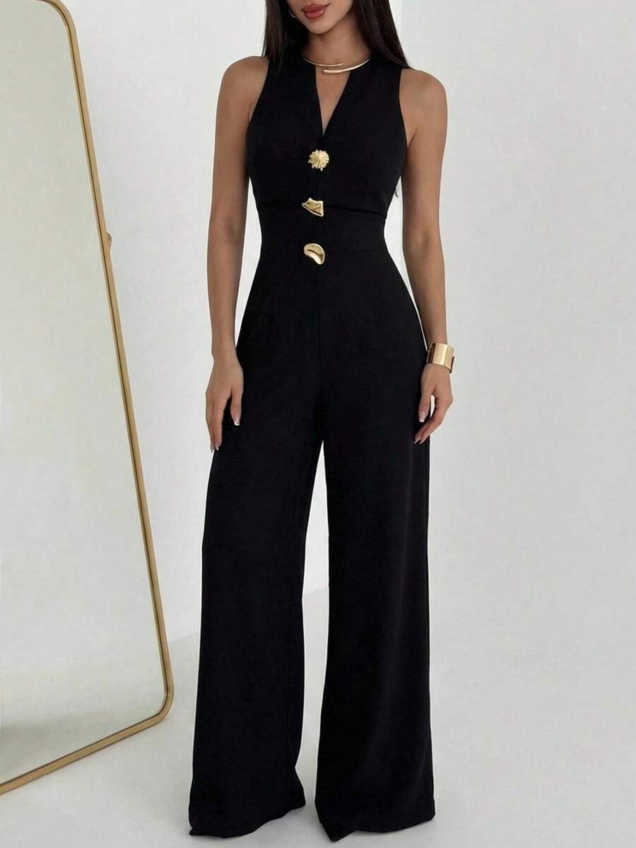 Aloruh Black Backless Spaghetti Strap Jumpsuit, Slim Shoulder Wide Leg Elegant Versatile, Suitable For Daily Wear, Dates, Parties And Other Occasions - Black - View 1