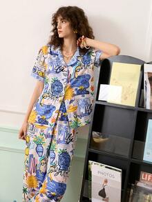 Chillnights Women's Colorblock Vacation Elements Lemon, Palm Tree Print Comfortable Loose Turndown Collar Button Front Woven Pajama Set - Multicolor - View 5