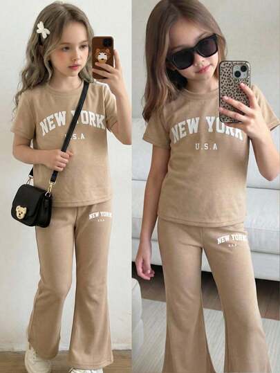 SHEIN 两件套女童休闲卡其色圆领宽松字母印花T恤上衣和阔腿针织裤，舒适运动街头风套装