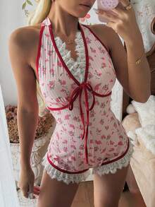 SHEIN 情人节蕾丝边露背吊带性感蕾丝边可爱连体衣 - 粉色 - 查看 1