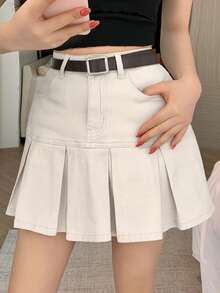 DAZY Chân váy ngắn denim xếp ly màu trơn, kiểu dáng thường ngày dành cho nữ, thích hợp cho mùa hè. - Màu be - Xem 10