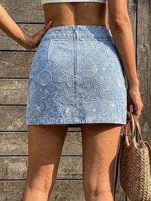 Vivid Eden Women's Casual Versatile Denim Mini Skirt With Shell & Starfish Pattern, Suitable For Daily Wear - Light Wash - View 2