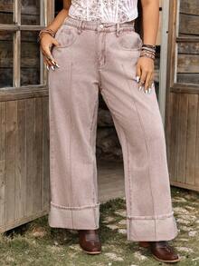 EMERY ROSE Plus Size Solid Color Slant Pocket Casual Versatile Wide Leg Jeans - Maroon - View 1