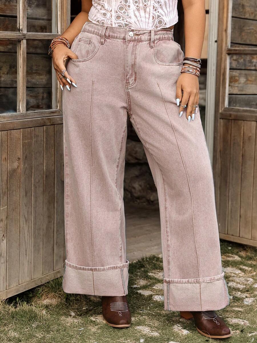 EMERY ROSE Plus Size Solid Color Slant Pocket Casual Versatile Wide Leg Jeans - Maroon - View 1