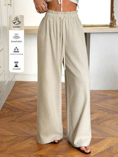 SHEIN EZwear Khaki Woven Women's Drawstring Waist Wide Leg Loose Pants