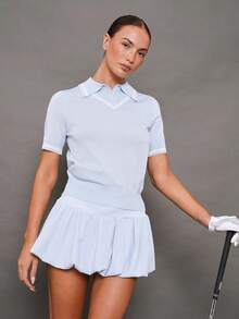 Activina Áo len thể thao nữ tay ngắn cổ polo phối màu tương phản - Màu xanh nhạt - Xem 5