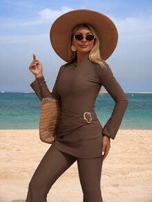 Swim Mulvari Fashionable Mature Solid Color Metal Accessory Flare Sleeve & Flare Leg Two Pieces Swimsuit For Women, Summer - Brown - View 3