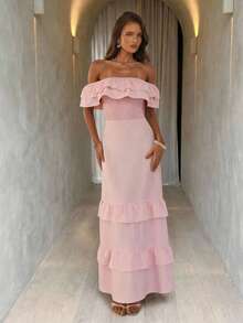 Aloruh Women's Light Pink Bohemia Elegant Summer Vacation Holiday Maxi Dress,Off Shoulder Linen Like Ruffled Fitted Waist Wedding Guest Party Outfits - Baby Pink - View 3