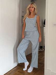 DAZY 2pcs/Set Ditsy Floral Sleeveless Tank Top And Straight Leg Long Pants Pajama Set For Women, Summer - Blue - View 5