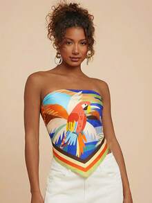 Travachic 女士不对称下摆鹦鹉印花抹胸上衣，度假装 - 彩色 - 查看 4