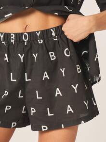 Missguided x Playboy Women's Oversized Letter Print Shirt And Shorts Two Piece Coordinating Set Summer Casual Matching Outfits - Black and White - View 2