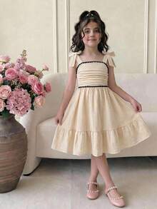 SHEIN 少女时尚优雅编织吊带连衣裙 - 杏色 - 查看 1