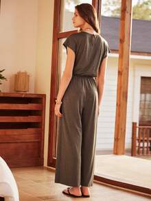 Bohemian Knit Women's Pajama Jumpsuit - Coffee Brown - View 2