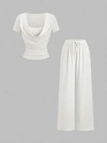 Sweetra French Ruffled Collar 2 In 1 Design T-Shirt With Pleated Details, Paired With Straight-Leg Drawstring Pants, Casual Chic Matching Set For Women, Spring/Summer - Apricot - View 1