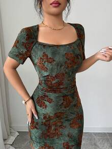 Rafferiza Women's Dark Green Summer 70's Retro Party Dress,French-Style Flocked Print Square Neck Slim-Fit Bodycon Elegant Formal Graduation Prom Wedding Gown - Green - View 6