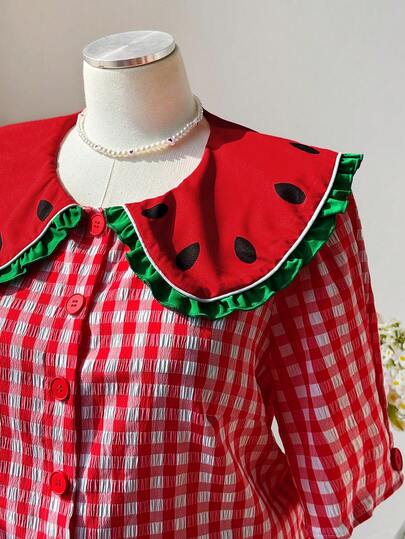 Sweetra Blusa casual con cuello de muñeca, estampado de sandía y parches de cuadros , adecuada para vacaciones, exteriores, citas, fiestas y escuela, talla grande